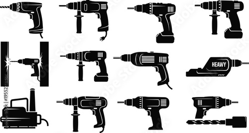 Set of electric drill silhouettes collection including cordless and wired power tools, construction equipment icons, handyman toolkit elements isolated on white background vector illustration