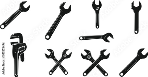 Set of wrench and spanner tool silhouettes including adjustable wrench pipe wrench and crossed spanners isolated for mechanical repair workshop design