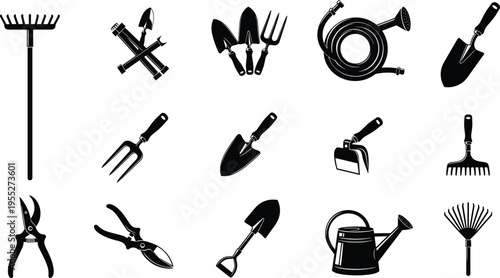 Garden tools silhouette set featuring rake shovel fork watering can hose pruning shears and hand tools isolated on white background for gardening landscaping agriculture design use