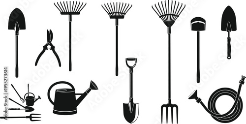 Garden tools silhouette set featuring rake, shovel, pruning shears, watering can and hose, landscaping equipment icons, gardening tool collection vector isolated on white background