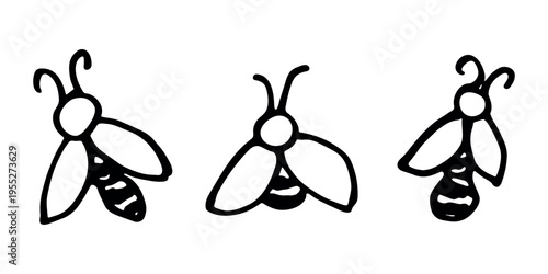 Set of hand drawn happy funny cute honey bee clipart Adorable flying striped insect friendly kawaii bumble bee For kids print, web, design, decor, logo