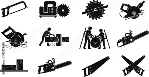 Wood cutting tools silhouette collection including chainsaw circular saw hand saw hacksaw and carpentry workers isolated on white background for woodworking construction and industrial design use