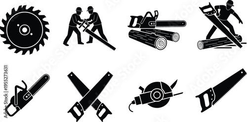 Wood cutting tools silhouette collection including chainsaw circular saw hand saw and workers cutting logs isolated on white background for carpentry construction and woodworking design use