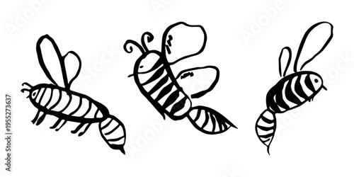 Set of hand drawn happy funny cute honey bee clipart Adorable flying striped insect friendly kawaii bumble bee For kids print, web, design, decor, logo