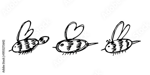 Set of hand drawn happy funny cute honey bee clipart Adorable flying striped insect friendly kawaii bumble bee For kids print, web, design, decor, logo