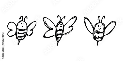 Set of hand drawn happy funny cute honey bee clipart Adorable flying striped insect friendly kawaii bumble bee For kids print, web, design, decor, logo