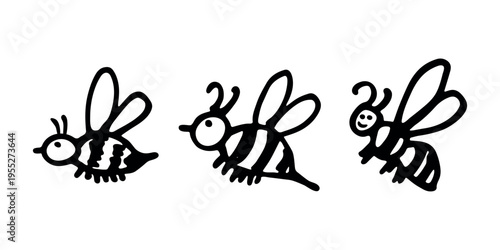 Set of hand drawn happy funny cute honey bee clipart Adorable flying striped insect friendly kawaii bumble bee For kids print, web, design, decor, logo