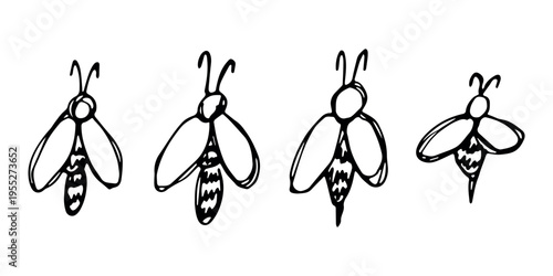 Set of hand drawn happy funny cute honey bee clipart Adorable flying striped insect friendly kawaii bumble bee For kids print, web, design, decor, logo