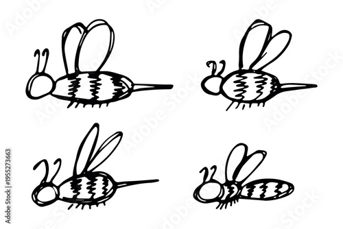 Set of hand drawn happy funny cute honey bee clipart Adorable flying striped insect friendly kawaii bumble bee For kids print, web, design, decor, logo