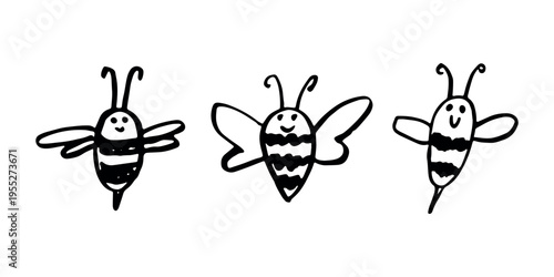Set of hand drawn happy funny cute honey bee clipart Adorable flying striped insect friendly kawaii bumble bee For kids print, web, design, decor, logo