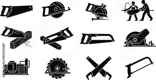Wood cutting tools silhouette set including hand saw circular saw chainsaw hacksaw and carpentry workers isolated on white background for woodworking construction and industrial design use