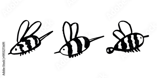 Set of hand drawn happy funny cute honey bee clipart Adorable flying striped insect friendly kawaii bumble bee For kids print, web, design, decor, logo
