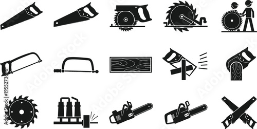 Woodworking and cutting tools silhouette set including hand saw circular blade chainsaw hacksaw and carpentry equipment isolated on white background for construction design use