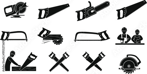 Woodworking saw tools silhouette set including hand saw chainsaw circular saw hacksaw and carpenters working isolated on white background for construction carpentry design use