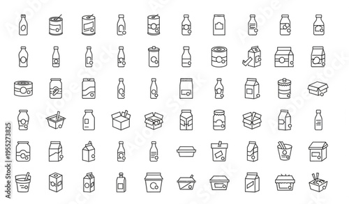 50 Linear Dot Food Packaging Icons Set — Bottles Boxes Cans Vector Collection