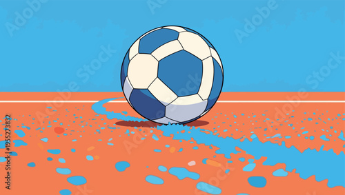 Soccer ball rolls on a bright court during a game in an urban setting on a sunny day