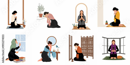 Set of eight illustrations showing women in diverse poses of prayer, meditation, and mourning within simple interior environments.