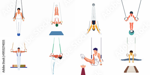 Flat Illustration Set of Male Gymnasts Performing Various Exercises and Routines on Still Rings Equipment