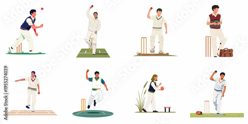 Collection of flat vector illustrations of diverse cricket players in various action poses, including bowling and fielding, isolated on a white background.
