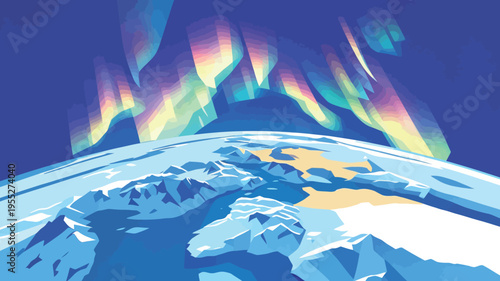 Colorful auroras dance over the earth's surface during the night sky above the Arctic region