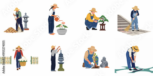 Illustration set of gardeners performing various tasks in a traditional Japanese garden, including bonsai pruning, raking sand, and watering lotus plants.