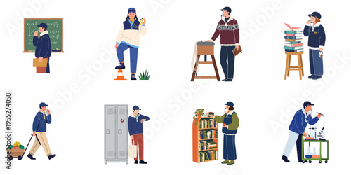 Vector illustration collection of physical education teachers and coaches in various school environments, from classrooms and gyms to libraries and labs.