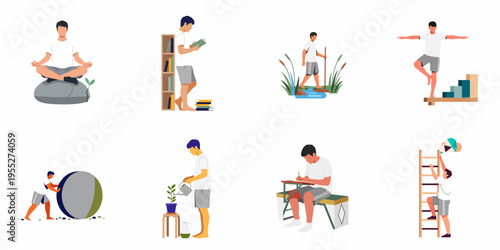 Set of flat illustrations showing a man engaged in mindfulness, education, physical activities, and personal growth for a healthy lifestyle.