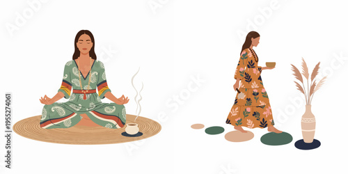 Boho style illustrations of a woman practicing meditation and walking mindfully, showcasing a serene wellness and spirituality concept in warm earthy tones.