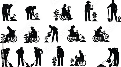 Gardening silhouettes, people planting watering plants, inclusive wheelchair gardening, agriculture activity, eco lifestyle, nature care, landscaping work, environmental conservation concept