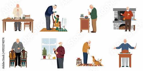 Collection of illustrations featuring an elderly man engaged in daily activities, religious traditions, family moments, and holiday preparations in a cozy home setting.
