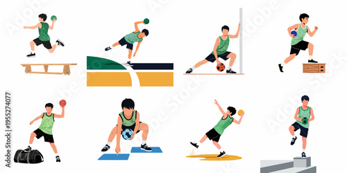 Young male athlete practicing handball drills and physical exercises, featuring jumping, throwing, stretching, and balancing actions in a set of flat illustrations.
