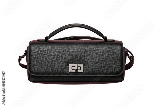 A black leather shoulder bag with a silver logo isolated on transparent background