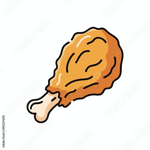 A stylized, cartoon-like illustration of a golden-brown fried chicken leg on a white background