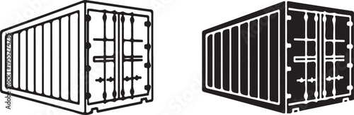 A simple black and white illustration depicts two identical shipping containers side by side emphasizing their design