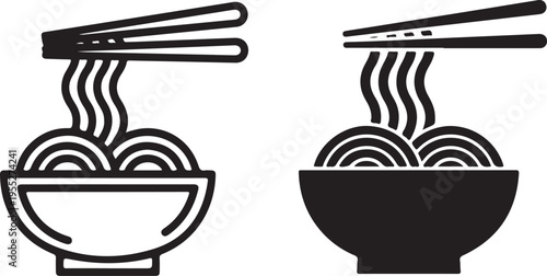 A simple black and white illustration depicts two bowls of noodles with chopsticks showcasing different line styles