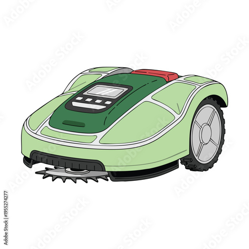 A futuristic, green robotic lawn mower with a display and blade