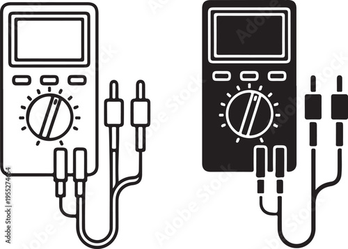 A black and white illustration depicts two digital multimeters with probes showcasing different visual styles high quality