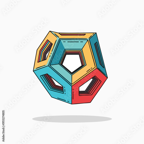 Colorful geometric shape with layered pentagonal faces and a shadow