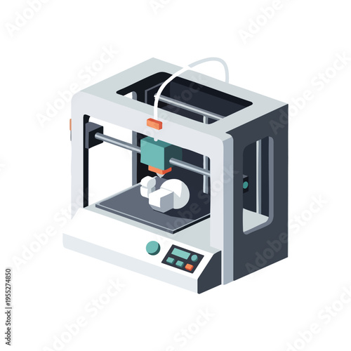 Isometric view of a 3D printer creating a geometric object on its platform