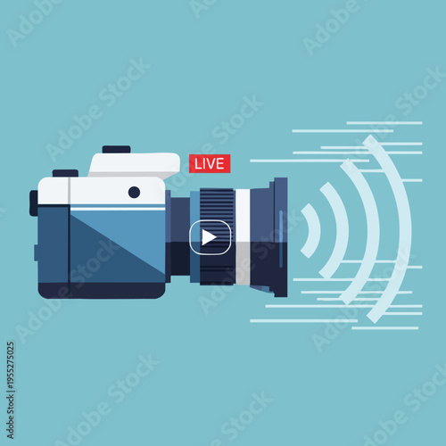 Camera broadcasting live with signal waves and play button