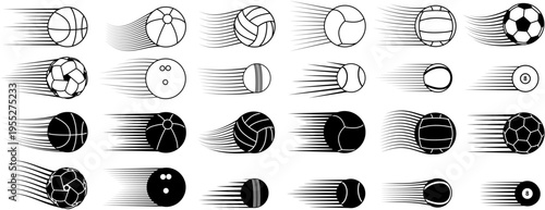 set vector sports ball movement icon collections. football speed line effect. basket ball motion line. flying volley ball design illustration