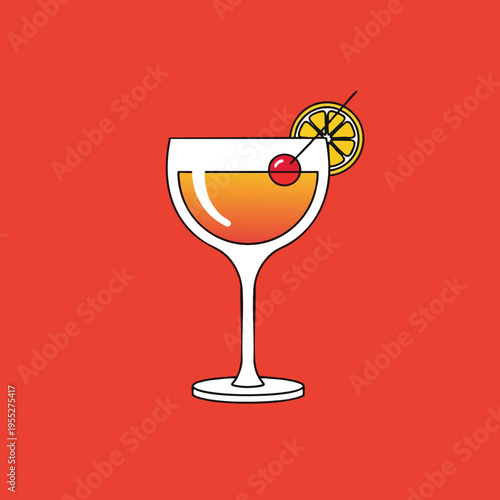 A stemmed glass with orange liquid, a cherry and a lemon slice garnish