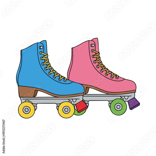 Two colorful quad roller skates, one blue and one pink, with yellow laces