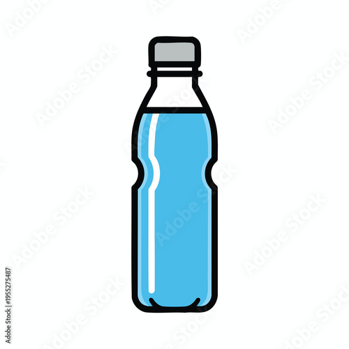 A simple cartoon of a clear plastic bottle filled with blue liquid and a gray cap