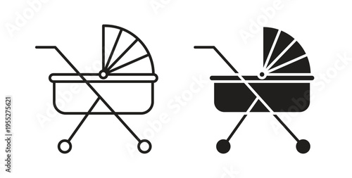Baby carriage icon line style collection. Simple black solid icons