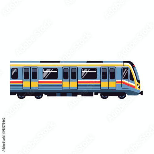 A flat, graphic illustration of a blue commuter train with yellow doors and red and yellow stripes