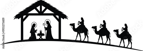 Nativity scene silhouette with baby Jesus, Mary, Joseph and three wise men on camels vector illustration isolated on white background