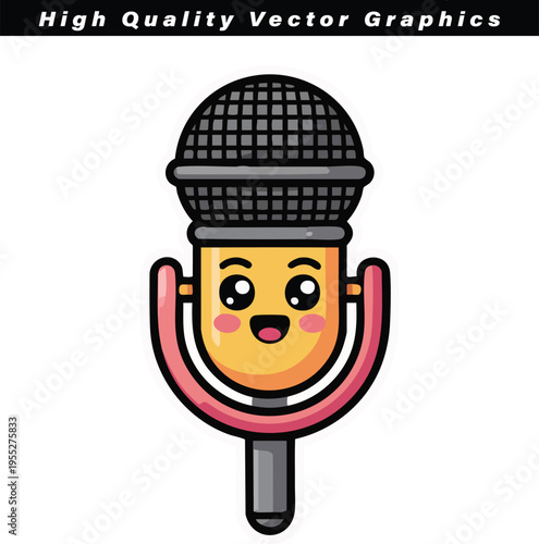 A cute cartoon microphone character with a happy smiling face isolated on a white background design