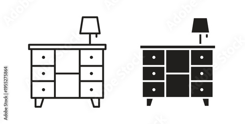 Bedside table icon line style collection. Simple black solid icons