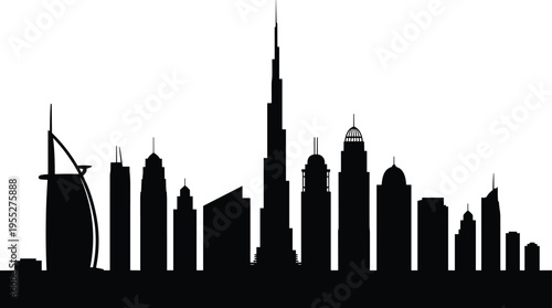 Dubai city skyline silhouette with Burj Khalifa and modern skyscrapers black vector illustration isolated on white background for travel concept